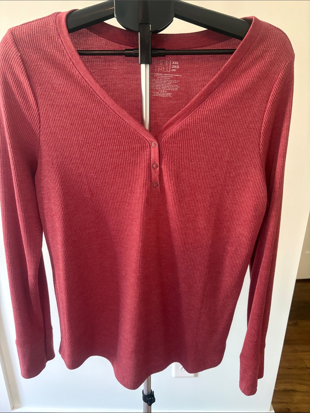Time And True Red Ribbed Henley Long Sleeve Top